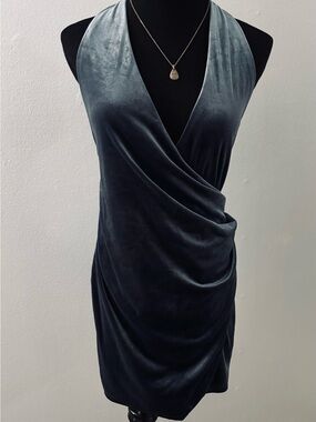 Velvet Surplice Halter Dress in Deep Teal
